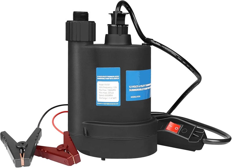 FLOWPAC Water Pump Submersible Pump DC 12V Sump Pump 1500 GPH Utility Pump With Switch-Black - Image 1